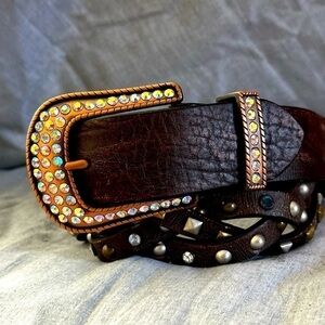 ROPER BELT Western Studded Gems Rockabilly Boho Leather Brown Distressed 26-28